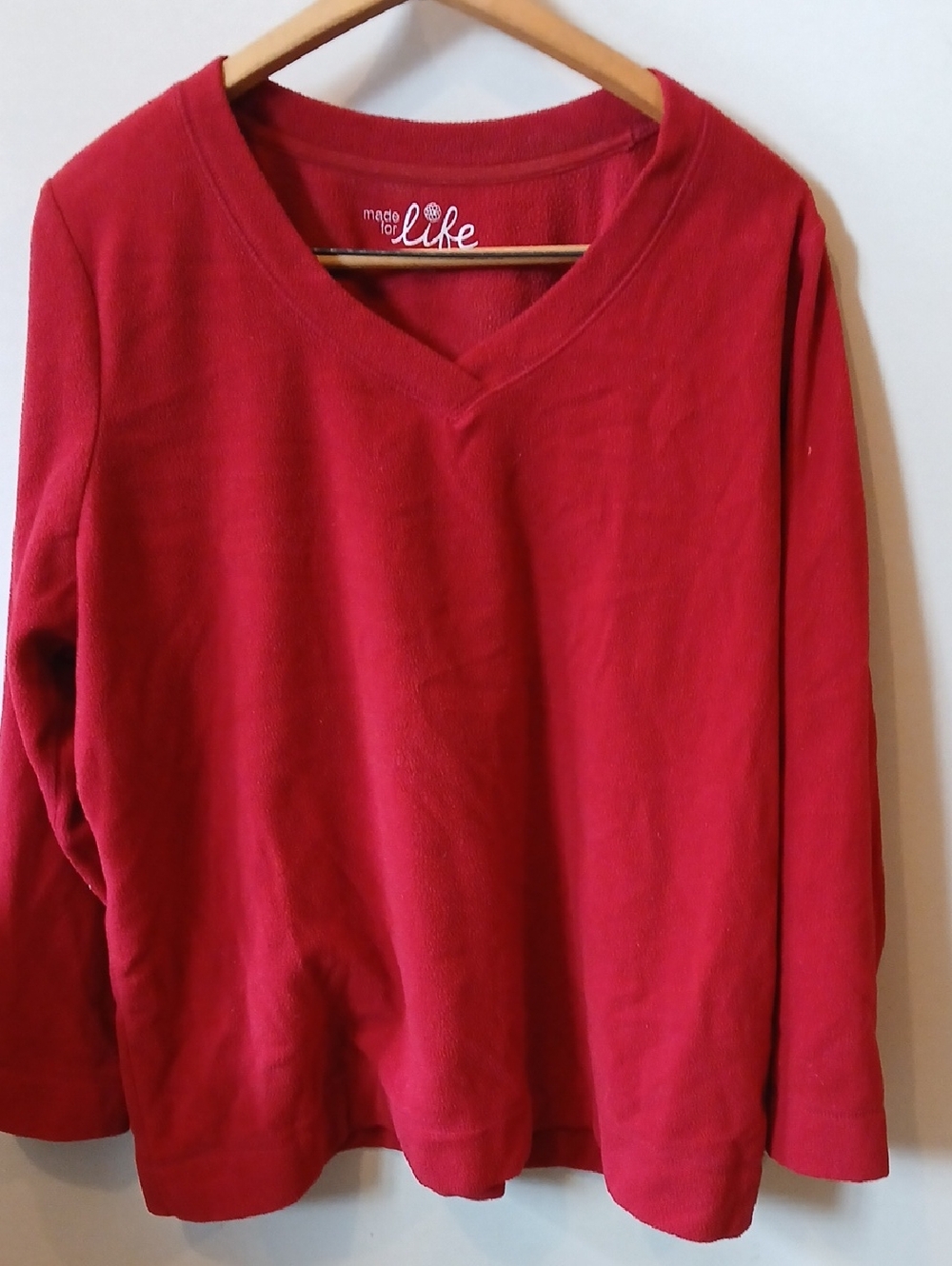 made for life Women's 1X Red Cozy V-neck Long Sleeve Fleece Pullover